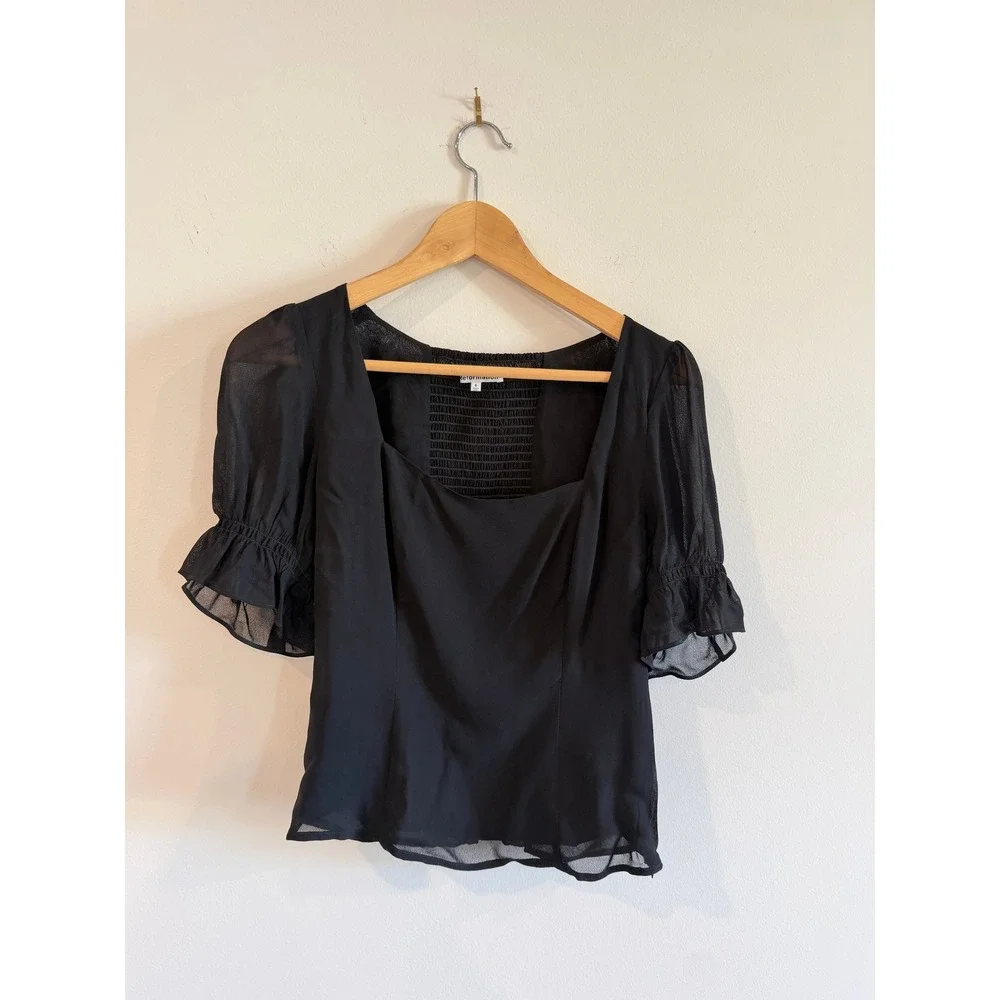 Reformation Black Puff Sleeve Smocked Back Square Neck Blouse Size 6